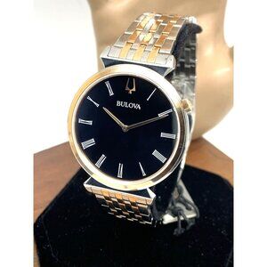 Bulova Men's Watch 98A234 Regatta Quartz Black Dial 38mm 2-Tone Rose Gold Silver